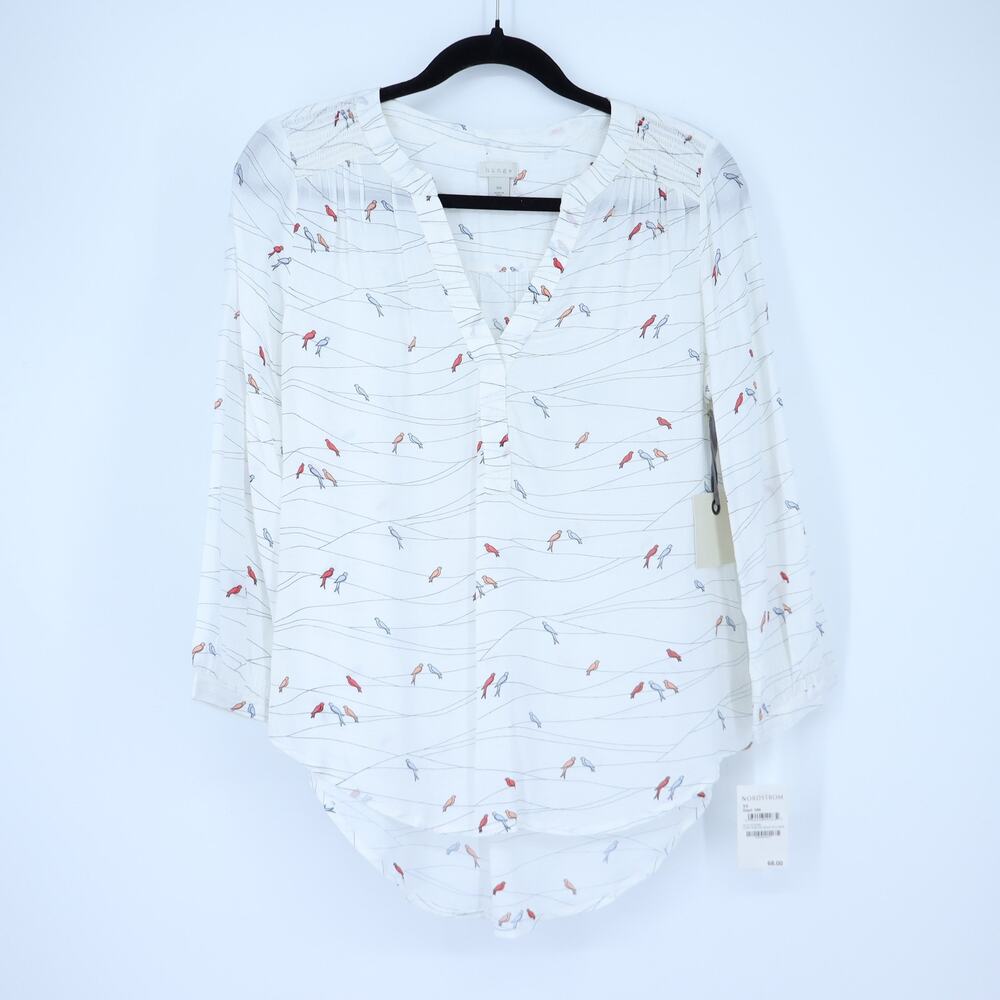 Hinge Popover Blouse White Pristine Birds on Wire Split Neck Women's XS